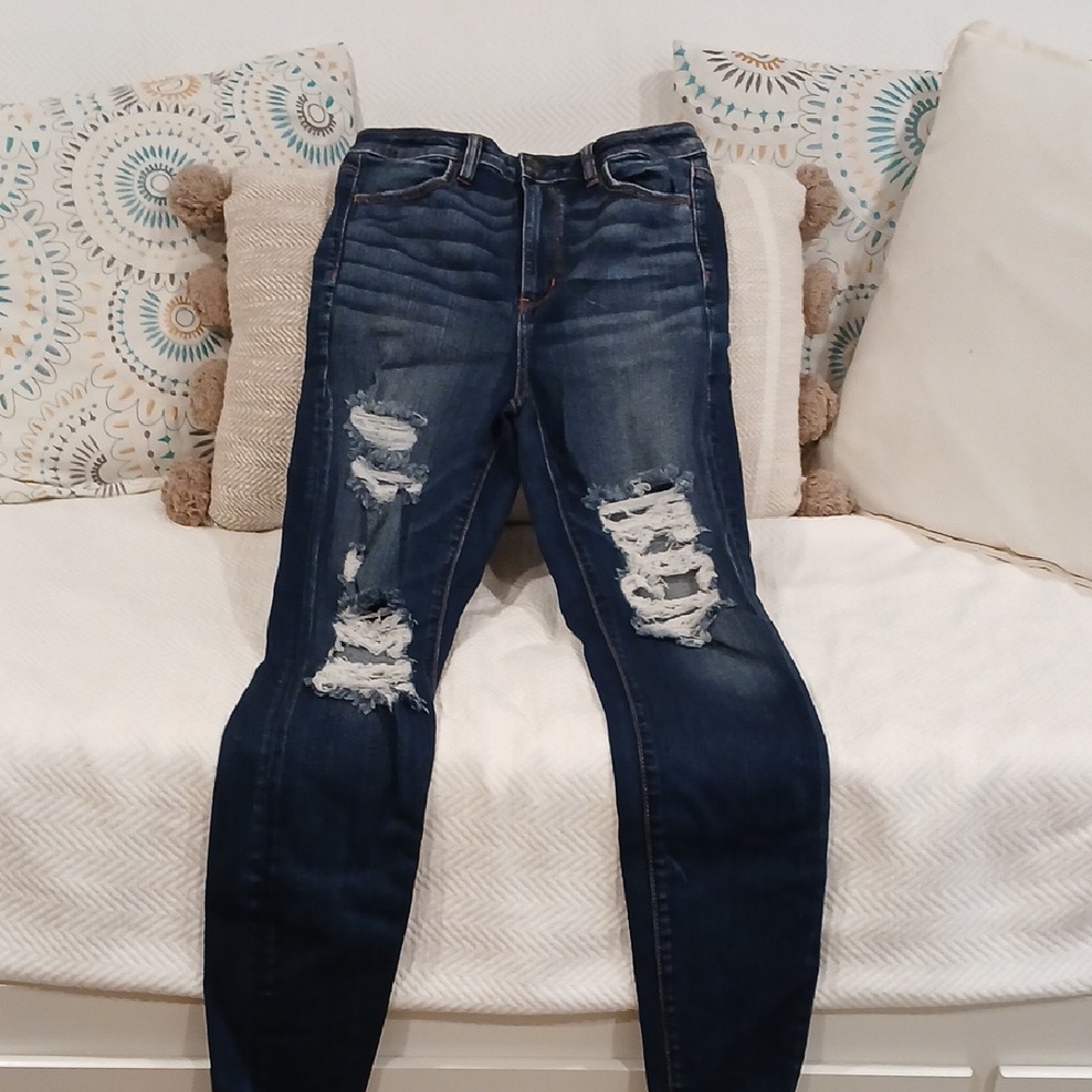 American Eagle Outfitters Blue Skinny Jeans with Distressed Details